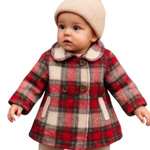 Joe Fresh Kids Plaid Pea Coat - Red, Black, and White, NWTS, size 3-6 months